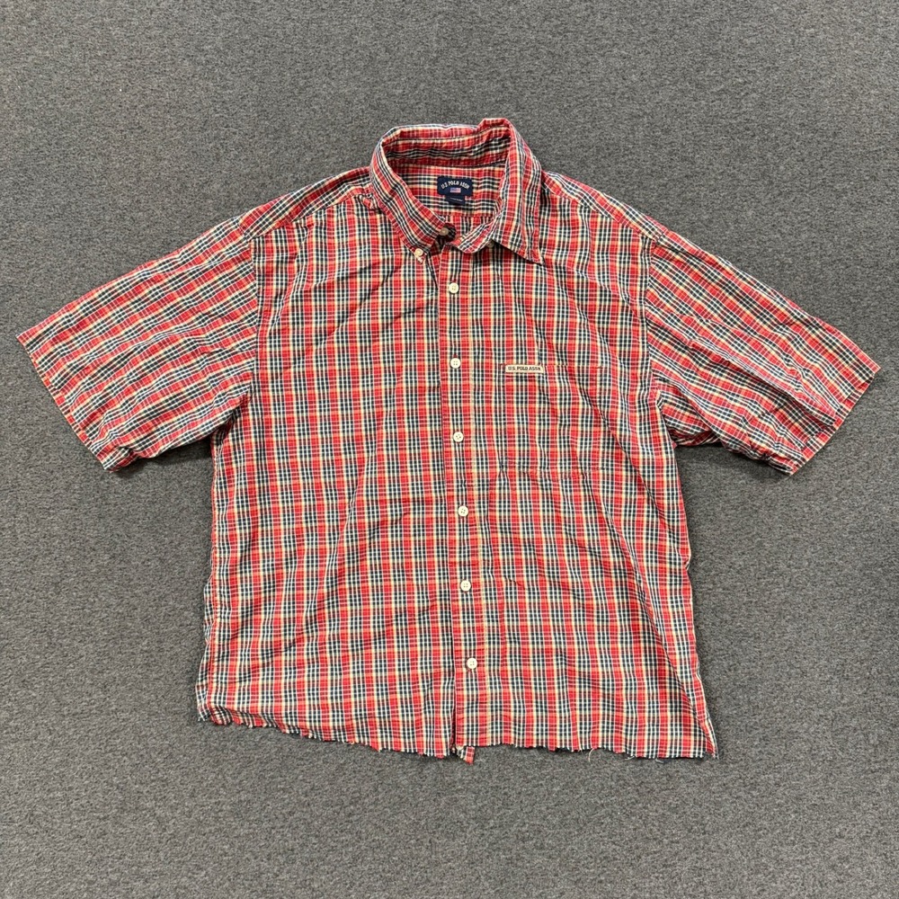 Vintage US Polo Assn Plaid Button Down Mens L Red Good Raw Hem Short Sleeve